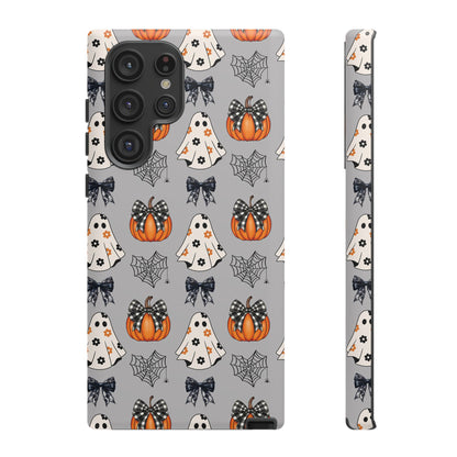 Halloween Ghosts and Pumpkins Gray Phone Case – Tough Phone Case – Cute Spooky Design - iPhone 16 - Samsung Galaxy - Google Pixel