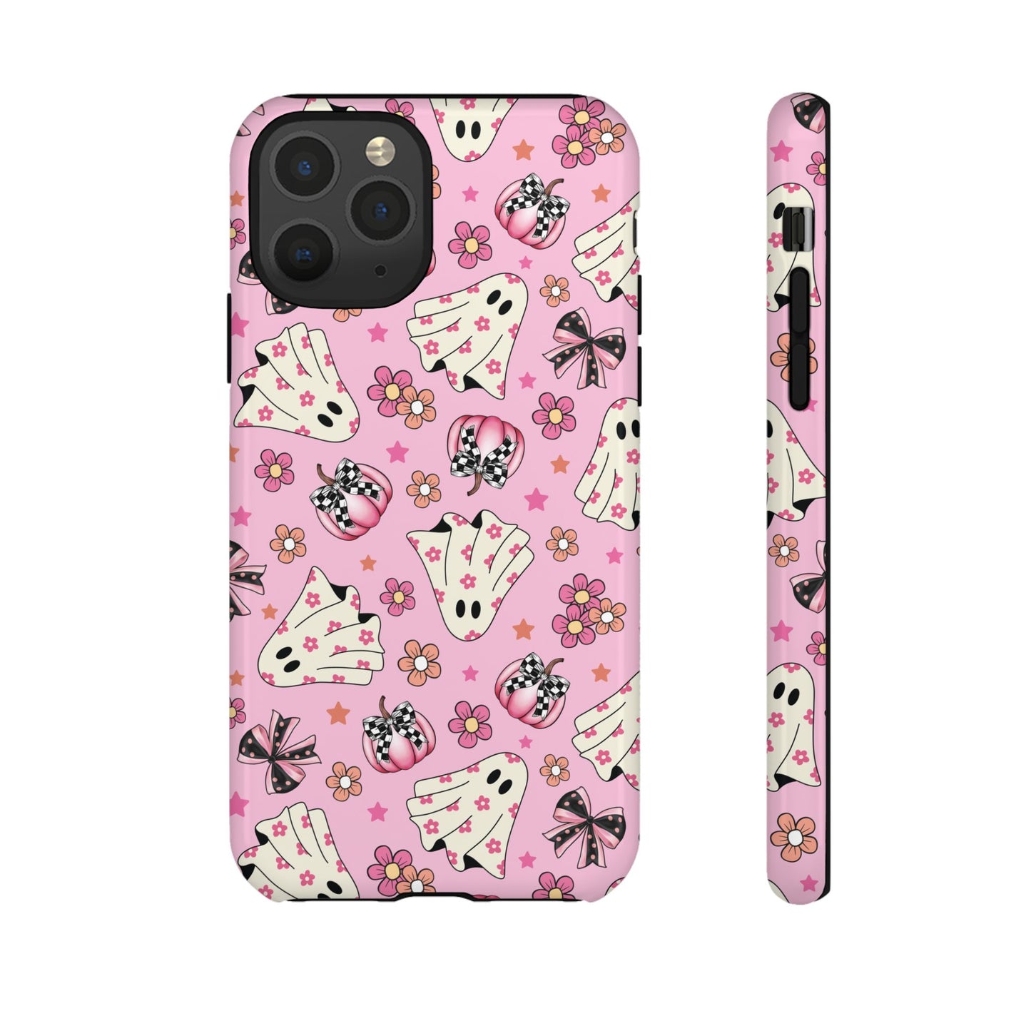 Pink Ghosts and Flowers Halloween Phone Case – Tough Phone Case – Cute Spooky Design - iPhone 16 - Samsung Galaxy - Google Pixel