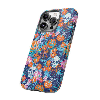 Floral Skulls and Pumpkins Halloween Phone Case – Tough Phone Case – Cute Spooky Design - iPhone 16 - Samsung Galaxy - Google Pixel