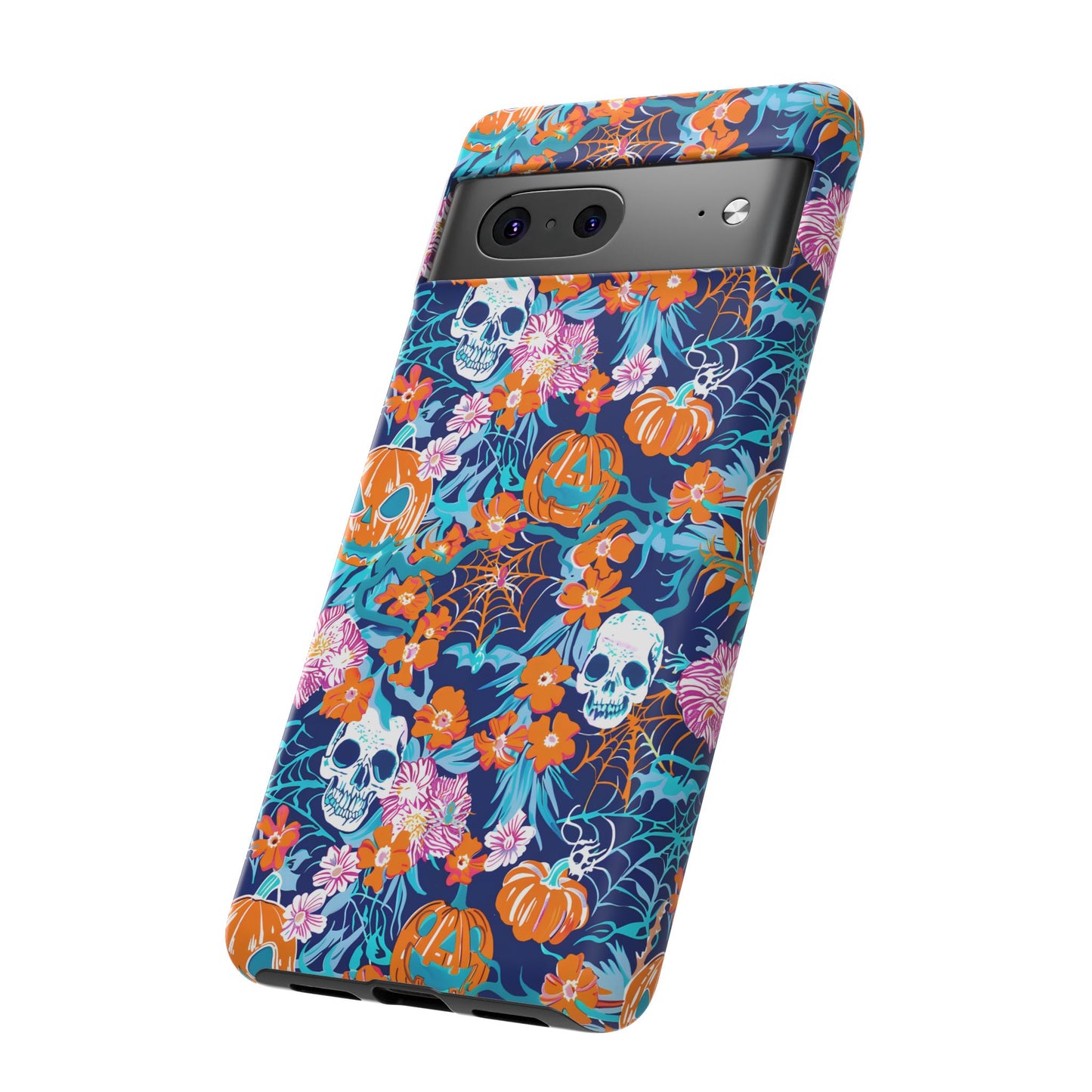 Floral Skulls and Pumpkins Halloween Phone Case – Tough Phone Case – Cute Spooky Design - iPhone 16 - Samsung Galaxy - Google Pixel