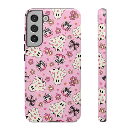 Pink Ghosts and Flowers Halloween Phone Case – Tough Phone Case – Cute Spooky Design - iPhone 16 - Samsung Galaxy - Google Pixel