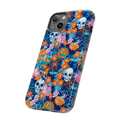 Floral Skulls and Pumpkins Halloween Phone Case – Tough Phone Case – Cute Spooky Design - iPhone 16 - Samsung Galaxy - Google Pixel