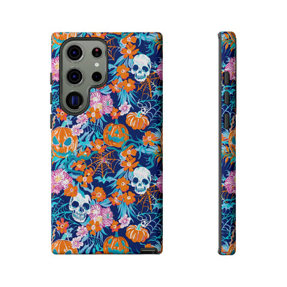 Floral Skulls and Pumpkins Halloween Phone Case – Tough Phone Case – Cute Spooky Design - iPhone 16 - Samsung Galaxy - Google Pixel