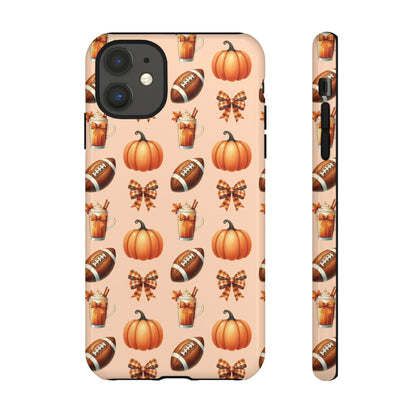 Pumpkins, Footballs, and Bows Fall Autumn Phone Case – Tough Phone Case – Cute Spooky Design - iPhone 16 - Samsung Galaxy - Google Pixel