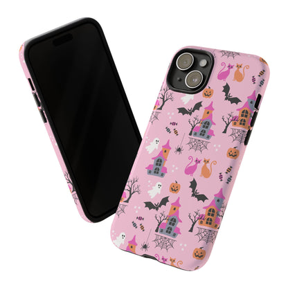 Pink Haunted House and Cats Halloween Phone Case – Tough Phone Case – Cute Spooky Design - iPhone 16 - Samsung Galaxy - Google Pixel