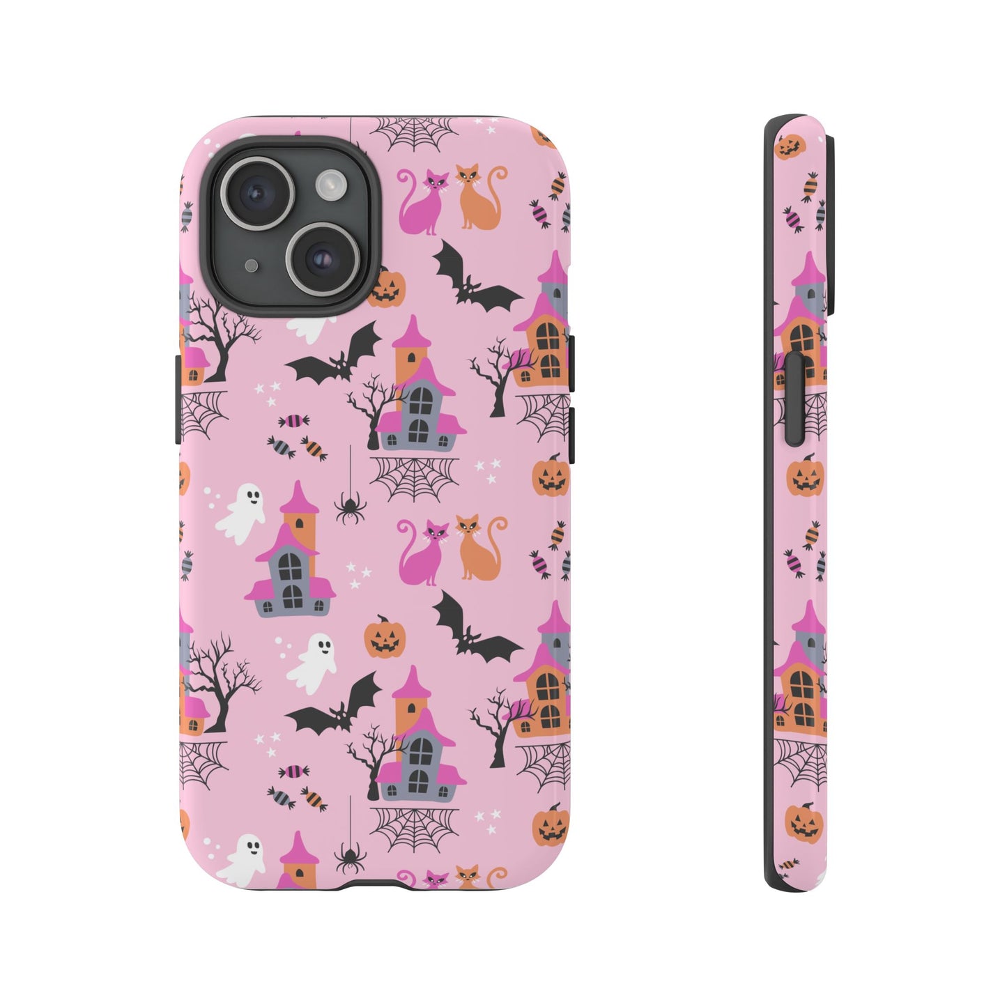 Pink Haunted House and Cats Halloween Phone Case – Tough Phone Case – Cute Spooky Design - iPhone 16 - Samsung Galaxy - Google Pixel