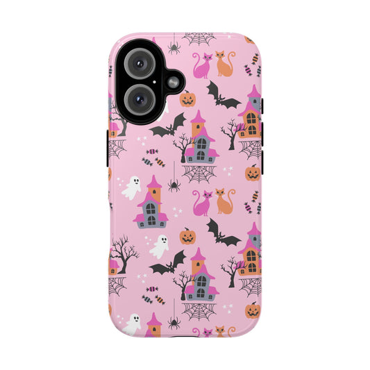 Pink Haunted House and Cats Halloween Phone Case – Tough Phone Case – Cute Spooky Design - iPhone 16 - Samsung Galaxy - Google Pixel