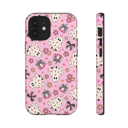 Pink Ghosts and Flowers Halloween Phone Case – Tough Phone Case – Cute Spooky Design - iPhone 16 - Samsung Galaxy - Google Pixel