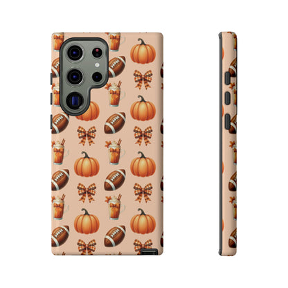 Pumpkins, Footballs, and Bows Fall Autumn Phone Case – Tough Phone Case – Cute Spooky Design - iPhone 16 - Samsung Galaxy - Google Pixel