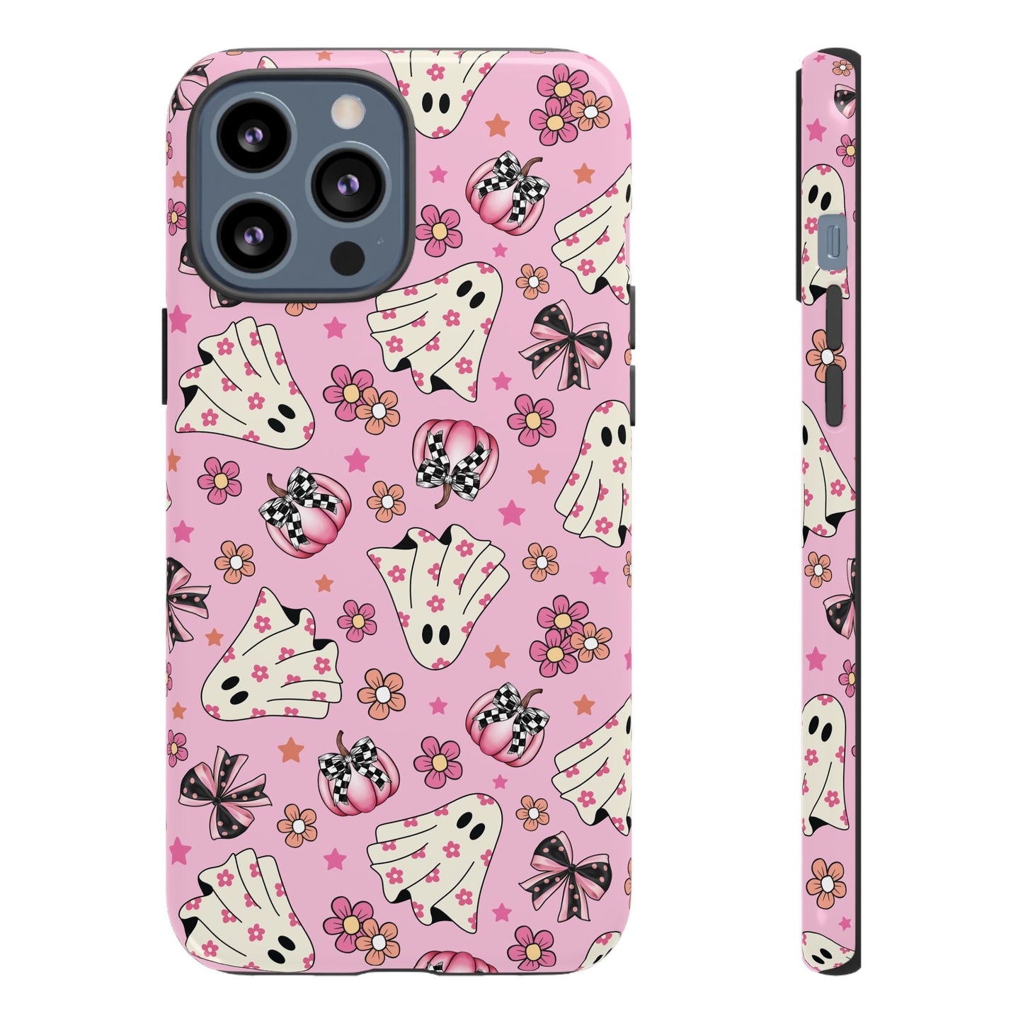 Pink Ghosts and Flowers Halloween Phone Case – Tough Phone Case – Cute Spooky Design - iPhone 16 - Samsung Galaxy - Google Pixel