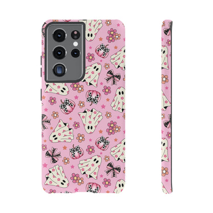 Pink Ghosts and Flowers Halloween Phone Case – Tough Phone Case – Cute Spooky Design - iPhone 16 - Samsung Galaxy - Google Pixel