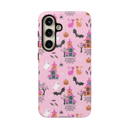 Pink Haunted House and Cats Halloween Phone Case – Tough Phone Case – Cute Spooky Design - iPhone 16 - Samsung Galaxy - Google Pixel