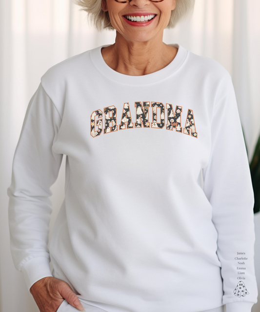 Personalized Halloween Sweatshirt for Grandma – Custom Sleeve with Kids' Names, Cozy and Stylish Fall Gift