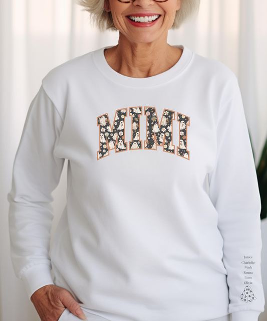 Personalized Halloween Sweatshirt for Mimi – Custom Sleeve with Kids' Names, Cozy and Stylish Fall Gift