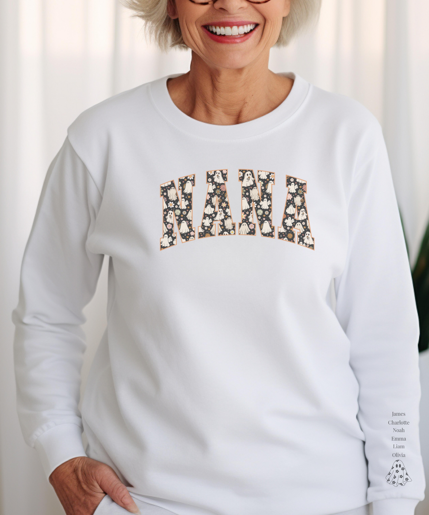 Personalized Halloween Sweatshirt for Nana – Custom Sleeve with Kids' Names, Cozy and Stylish Fall Gift