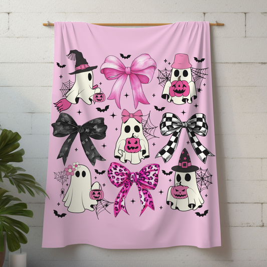 Pink Ghost Squad Plush Velveteen Blanket - Cozy Halloween Blanket with Cute Ghosts and Bows