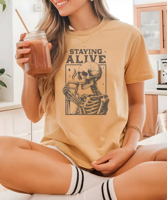 "Staying Alive" Skeleton Coffee Comfort Colors T-Shirt | Halloween Graphic Tee | Vintage Unisex Shirt